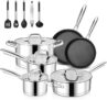 E-far 15-Piece Stainless Steel Cookware Set, 3-Ply Base Kitchen Pots and Pans Set, Non-toxic Induction Cooking Set Including Nonstick Frying Pan Saucepan, Oven & Dishwasher Safe, All Stoves Compatible